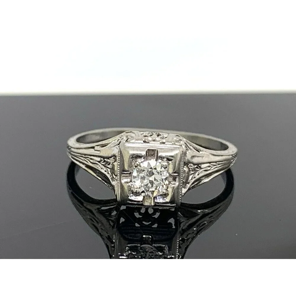 18k White Gold Filigree Diamond Ring 0.25 Carat Antique Estate Jewelry Size 7